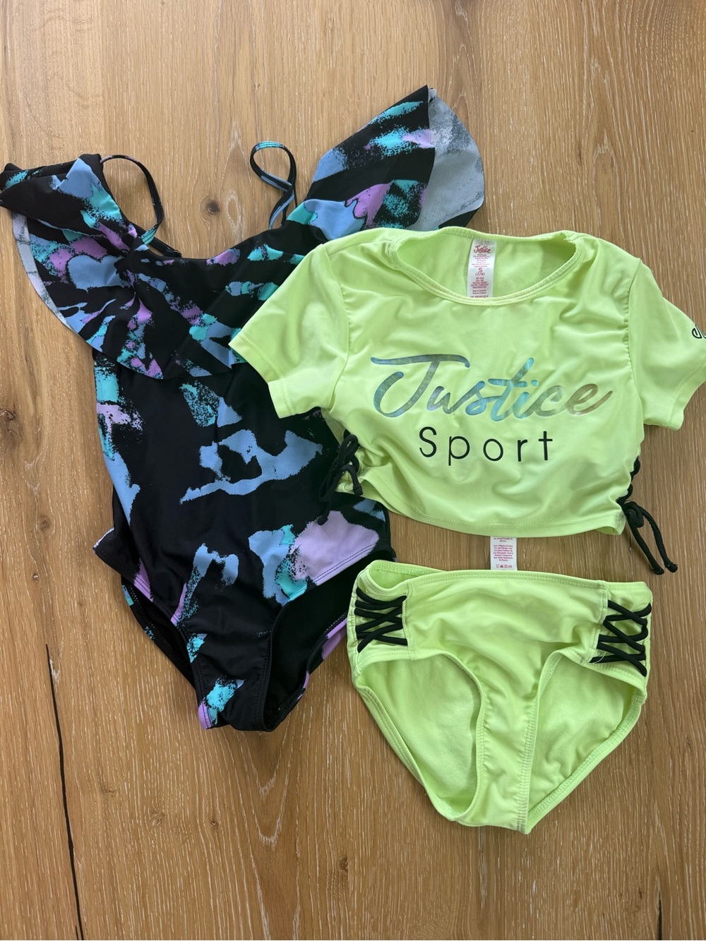 Justice Neon Lime Green swim set & black one piece